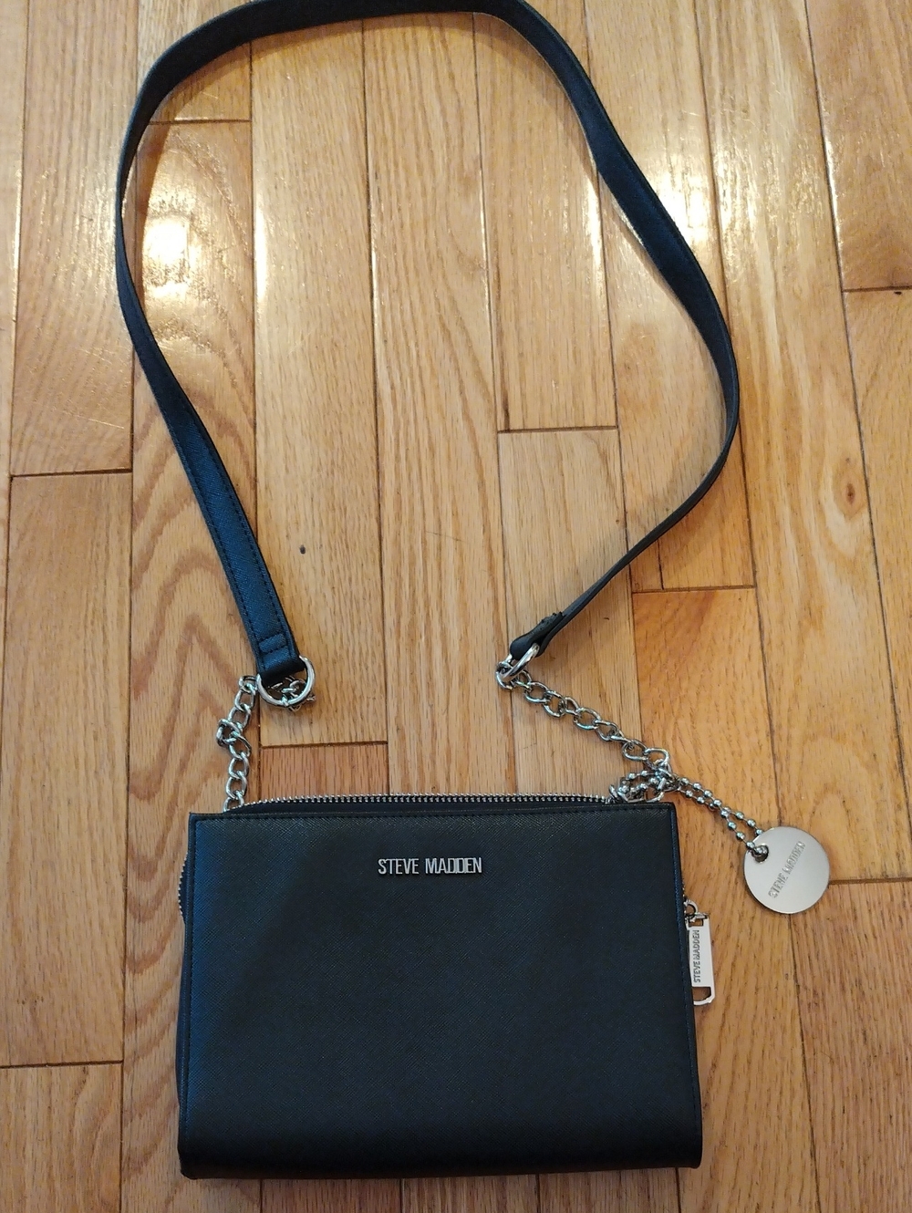 Steve Madden Black Faux Leather Crossbody with Silver Accents And Built In Slots